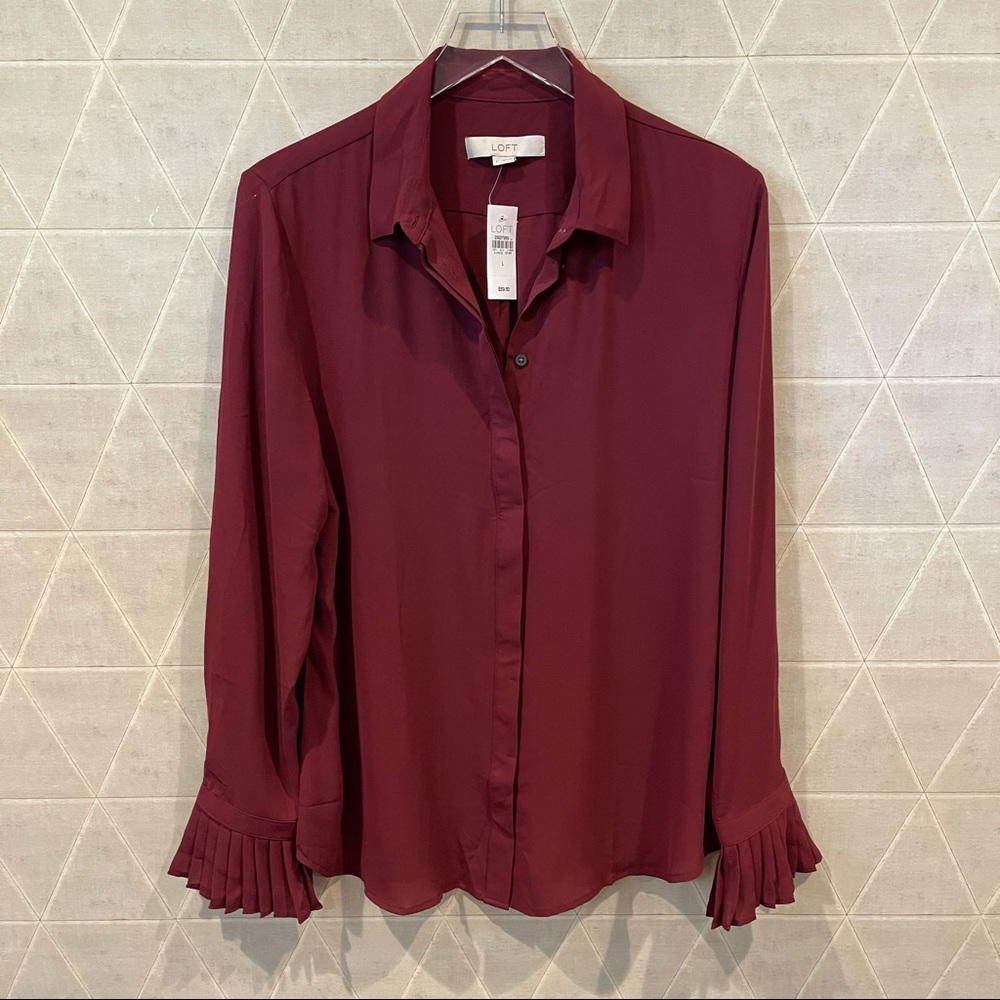 Loft Pleated Cuff Button Down Blouse Maroon - image 5